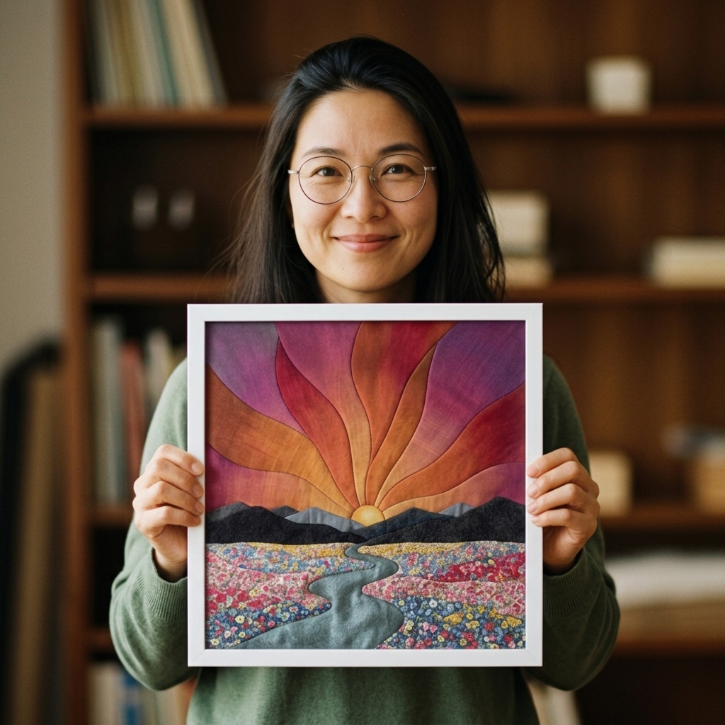 Elena Moss holding her kinusaiga sunrise landscape